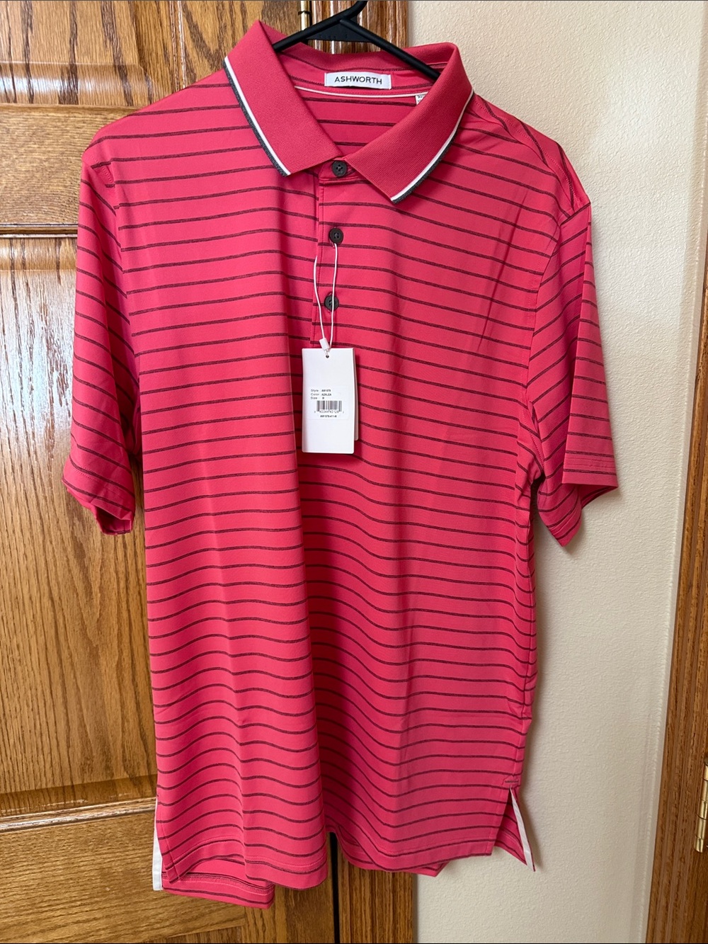Ashworth Pink-Red Striped Polo with Contrast Collar